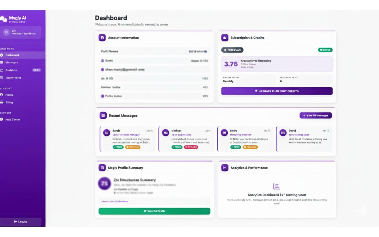 Msgly.AI Dashboard - Track your LinkedIn outreach performance